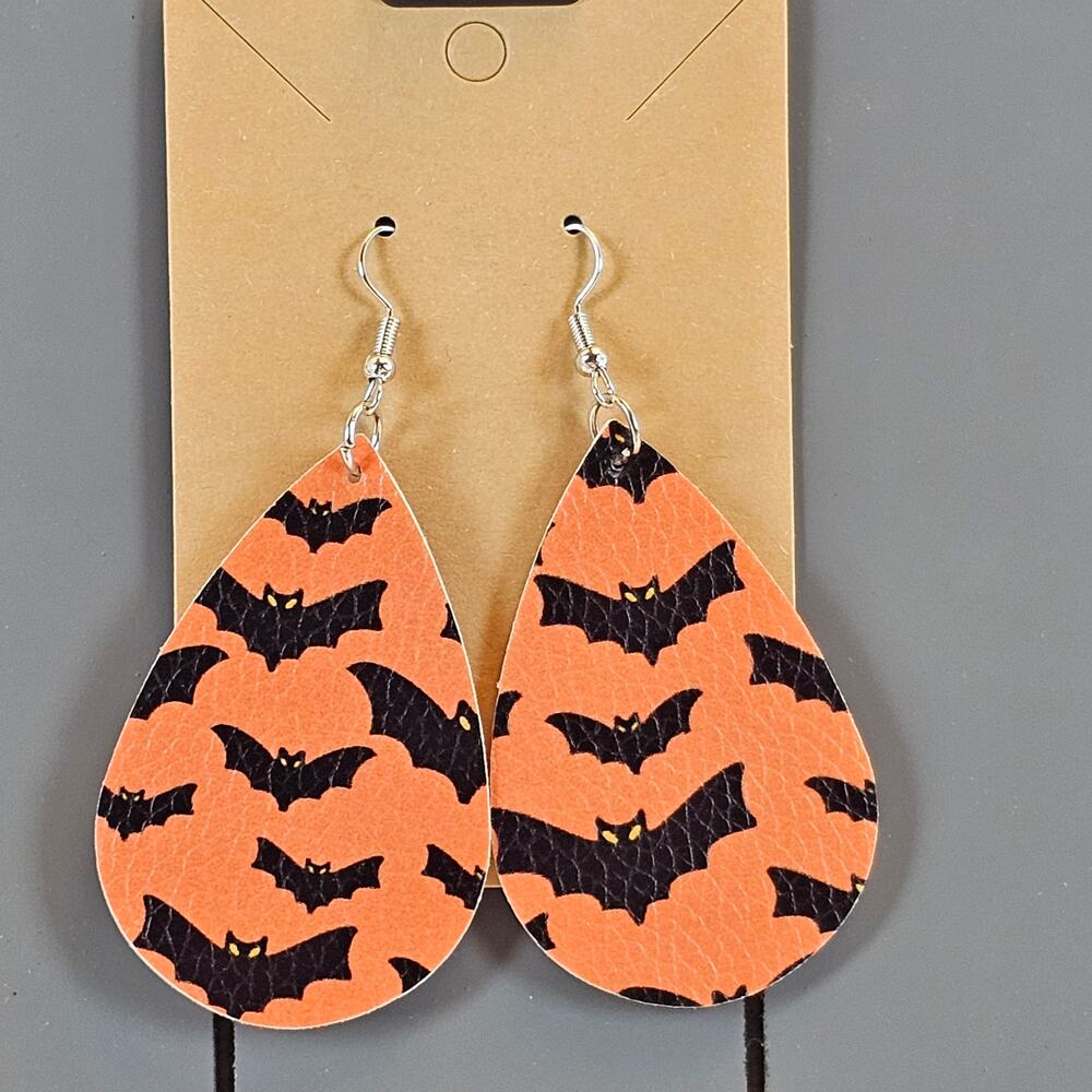 Halloween Bat Teardrop Earrings Orange Black Faux Leather Dangle Earrings 2.25"